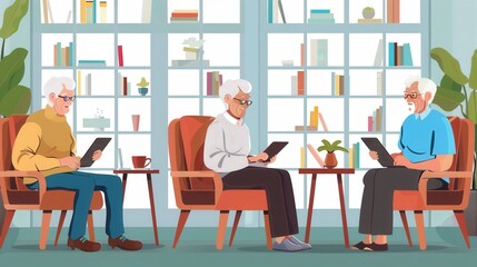 Poster - A group of elderly people sits comfortably in a library, using tablets, surrounded by bookshelves and a cozy atmosphere. Generative AI