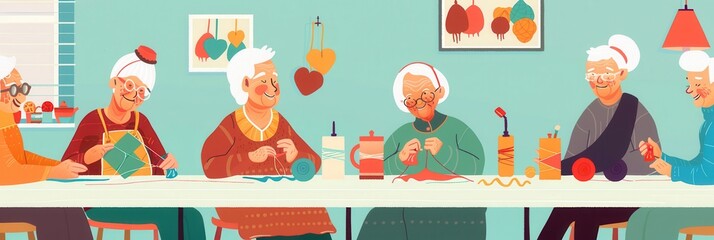 Aufkleber - A group of elderly women happily knitting and sewing together during a community craft class, surrounded by colorful supplies and a cheerful atmosphere. Generative AI
