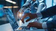 © olga_demina - Human and robotic hand working together on a laptop. Collaboration between AI and humans.