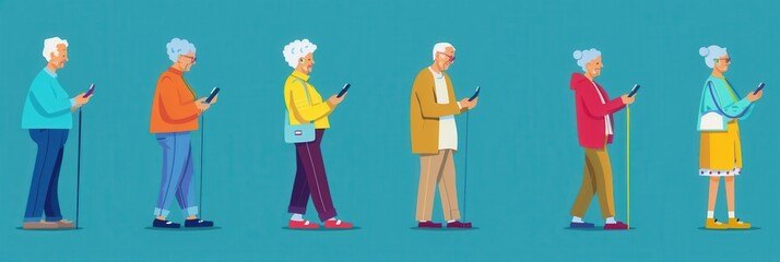 Aufkleber - A group of elderly individuals stands closely together, each focused on their smartphones, displaying interest and engagement in a vibrant outdoor environment. Generative AI