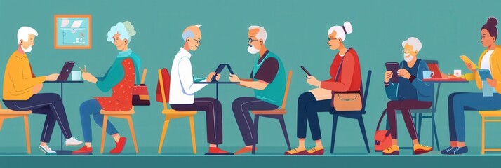 Aufkleber - A group of elderly people sits together at a community center, each using various electronic devices to engage with technology. Generative AI