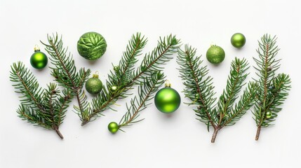 Wall Mural - Pine branches and green ornaments on a white background