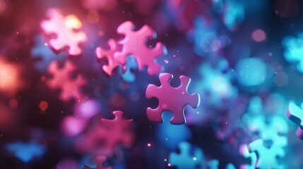 Poster - Floating colorful puzzle pieces in vibrant light. Creative and playful concept.