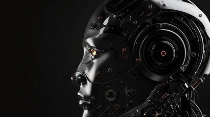 Poster - Close-up profile of a futuristic humanoid robot with glowing orange eyes and intricate mechanical details. Symbolizes AI innovation and advanced technology.