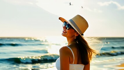 Wall Mural - Woman in sun hat enjoying a sunset at the beach