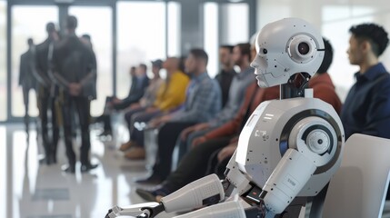 Poster - Robot sitting in a job interview waiting area with humans, focusing on advanced technology. The scene showcases the integration of AI in professional settings.