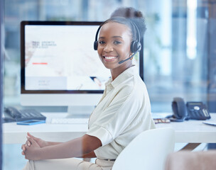 Poster - Portrait, customer service and black woman with headset, computer screen and agent in crm office. Tech support, contact and happy consultant in telemarketing callcenter for online account management