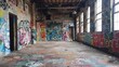 © LOMOSONIC - Urban Decay: Abandoned Building Transformed into Homeless Shelter with Colorful Street Art Graffiti on Walls