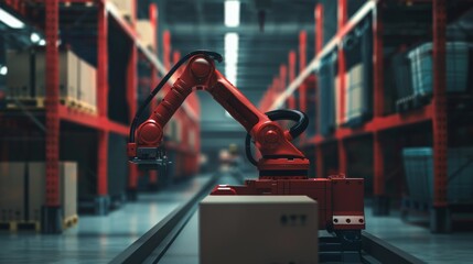Poster - Red robotic arm working in a dimly lit warehouse aisle filled with shelves. Advanced robotics and automation in industrial logistics.
