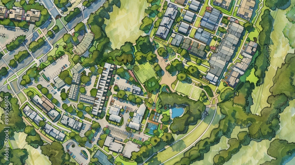 Show an architect developing a comprehensive plan for a mixed-use development, blending residential, commercial, and recreational spaces seamlessly.