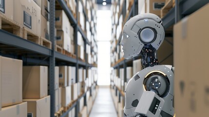 Poster - Humanoid robot in a modern warehouse with stacks of boxes. Concept of AI in inventory management and logistics.