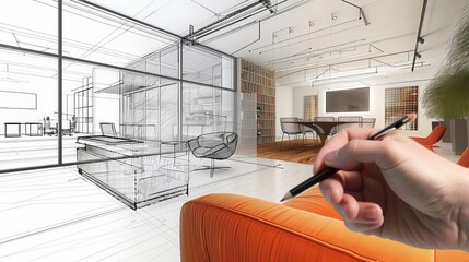 Sticker - Show an architect sketching the interior layout of a modern office space, focusing on functionality and contemporary design.