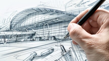 Sticker - Show an architect working on a sketch of a futuristic airport terminal, capturing the innovative design, advanced infrastructure, and efficient layout.