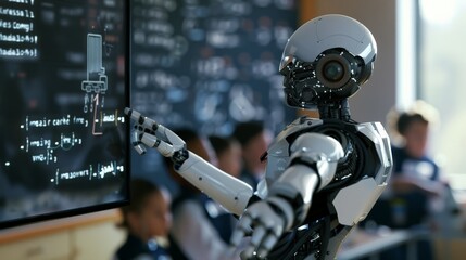 Poster - Robot instructor pointing at digital chalkboard in classroom with students. Futuristic education with AI and robotics technology.