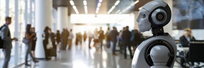 Poster - Robot observing a busy crowd in a modern lobby, representing AI integration in everyday life. The image depicts the futuristic coexistence of humans and technology.