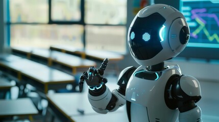 Poster - Robot teacher pointing at a screen in a classroom. Integration of AI in teaching.