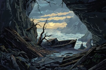 Wall Mural - Ancient Shipwreck in a Rocky Cave near a Mysterious Island