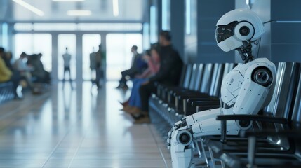 Poster - Robot sitting alone in an airport waiting area among humans. The scene symbolizes the intersection of technology and human travel in the future.