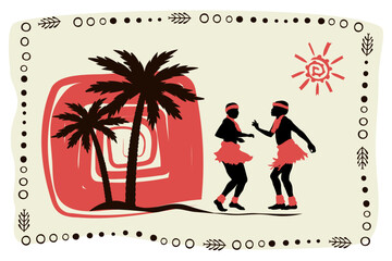 Wall Mural - African dancing people silhouettes with ethnic pattern and trees, pattern frame, black and red colors. Vector illustration	
