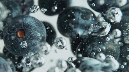 Poster - Super Slow Motion of Falling Blueberries Into Water on Blue Background. Filmed on High Speed Cinema Camera, 1000 fps.
