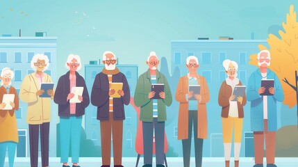 Aufkleber - A group of elderly individuals stands together, using tablets while enjoying a sunny day in a vibrant urban park. Generative AI