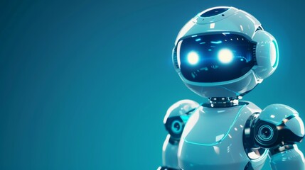 Poster - Futuristic robot with glowing blue eyes in a tech-inspired setting. Advanced AI and robotics concept.