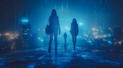 Poster - a group of people are walking on a blue floor with a city in the background