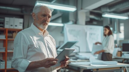Poster - Senior engineer analyzing plans on tablet in industrial office. Focused elderly professional in white shirt
