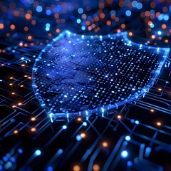 Poster - abstract digital shield with binary code symbolizing cybersecurity insurance concept