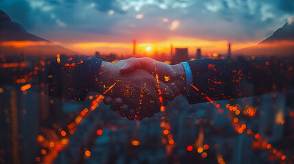 Poster - A handshake between two people in a city at sunset
