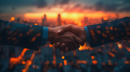 Poster - Two men shaking hands in front of a city skyline