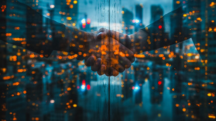 Poster - A handshake between two people in a city at night