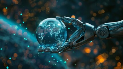 Aufkleber - Futuristic robotic hand holding a glowing globe. Concept of global technology and artificial intelligence.