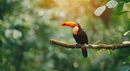 A black and orange bird is perched on a branch in a lush green forest