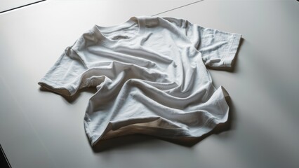 Poster - A white t-shirt laying on a table with its arms folded, AI