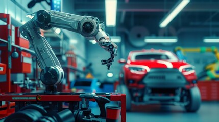Poster - Robot arm working in an advanced car manufacturing workshop. Futuristic industrial automation and precision engineering concept.