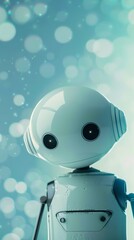 Poster - Cute white robot with large eyes against a dreamy bokeh background. Futuristic and friendly AI concept.