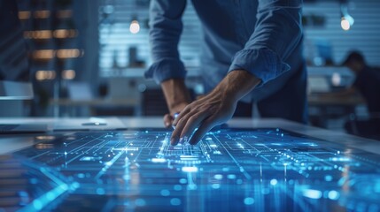 Poster - Engineer using advanced holographic interface in a modern office. Technology and innovation in engineering design.