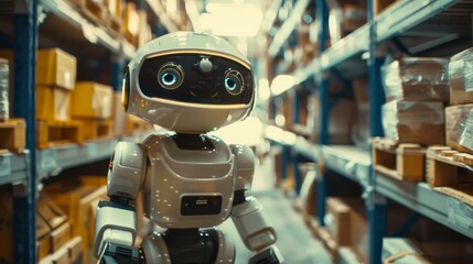 Poster - Cute robot in a warehouse environment. Representing the intersection of robotics and everyday logistics.