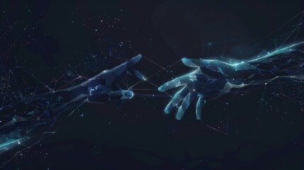 Poster - Two digital hands reaching towards each other with connecting lines, symbolizing connection and technology. Ideal for futuristic and AI themes.