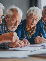Aufkleber - A group of elderly individuals work together, writing notes and sharing ideas, fostering connection and creativity in a cozy community space. Generative AI