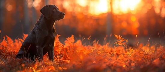 Poster - Black Labrador Retriever in Golden Autumn Sunset