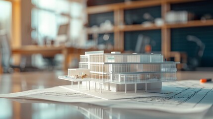 Aufkleber - Architectural model of a modern building on blueprints in a bright office. Precision in design and urban planning.