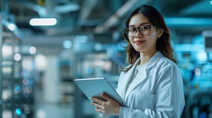 Poster - Engineer in a lab coat holding a digital tablet in an advanced manufacturing facility. Modern technology and engineering innovation.