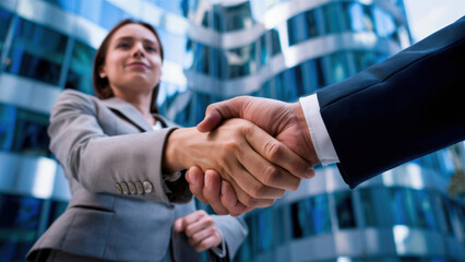 Wall Mural - A man and woman shaking hands in front of a building, AI