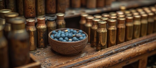 Wall Mural - A Bowl of Blue Lead Shot  Next to Rows of Brass Cartridges