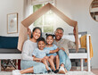 © DavisShared/peopleimages.com - Cardboard, insurance and portrait of family on floor in living room of home for cover or mortgage. Roof, safety or security with mother, father and children in apartment for finance or investment