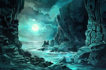 Wall Mural - Mysterious moonlight over rocky sea cliffs