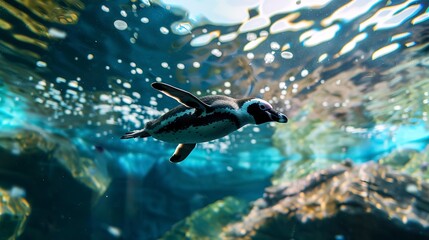 Poster - A penguin swimming in an aquarium with a blue sky 