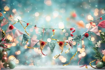 Festive garland with lights and Christmas decor on bokeh backgro